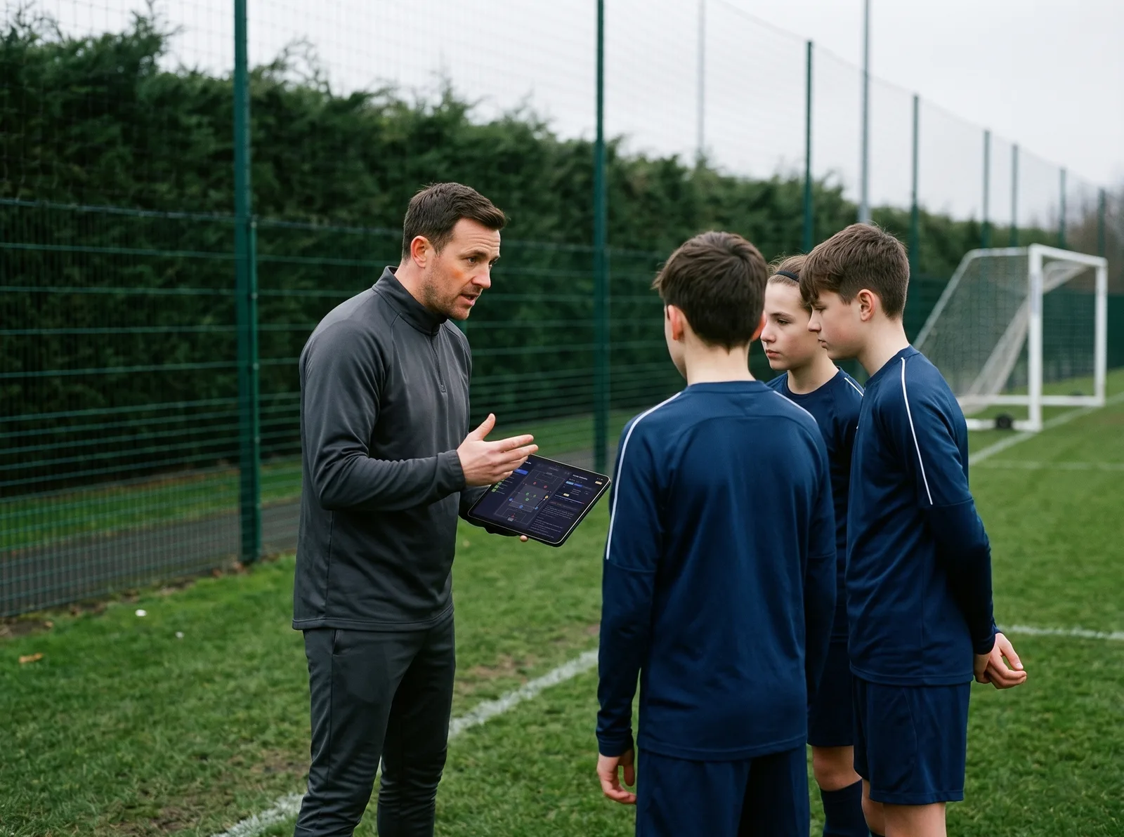 A coach working with young players on the pitch