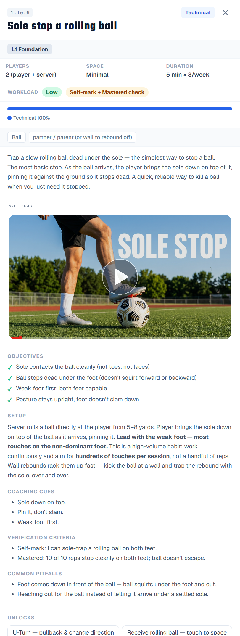 Example skill card — Sole stop a rolling ball, with a demo video