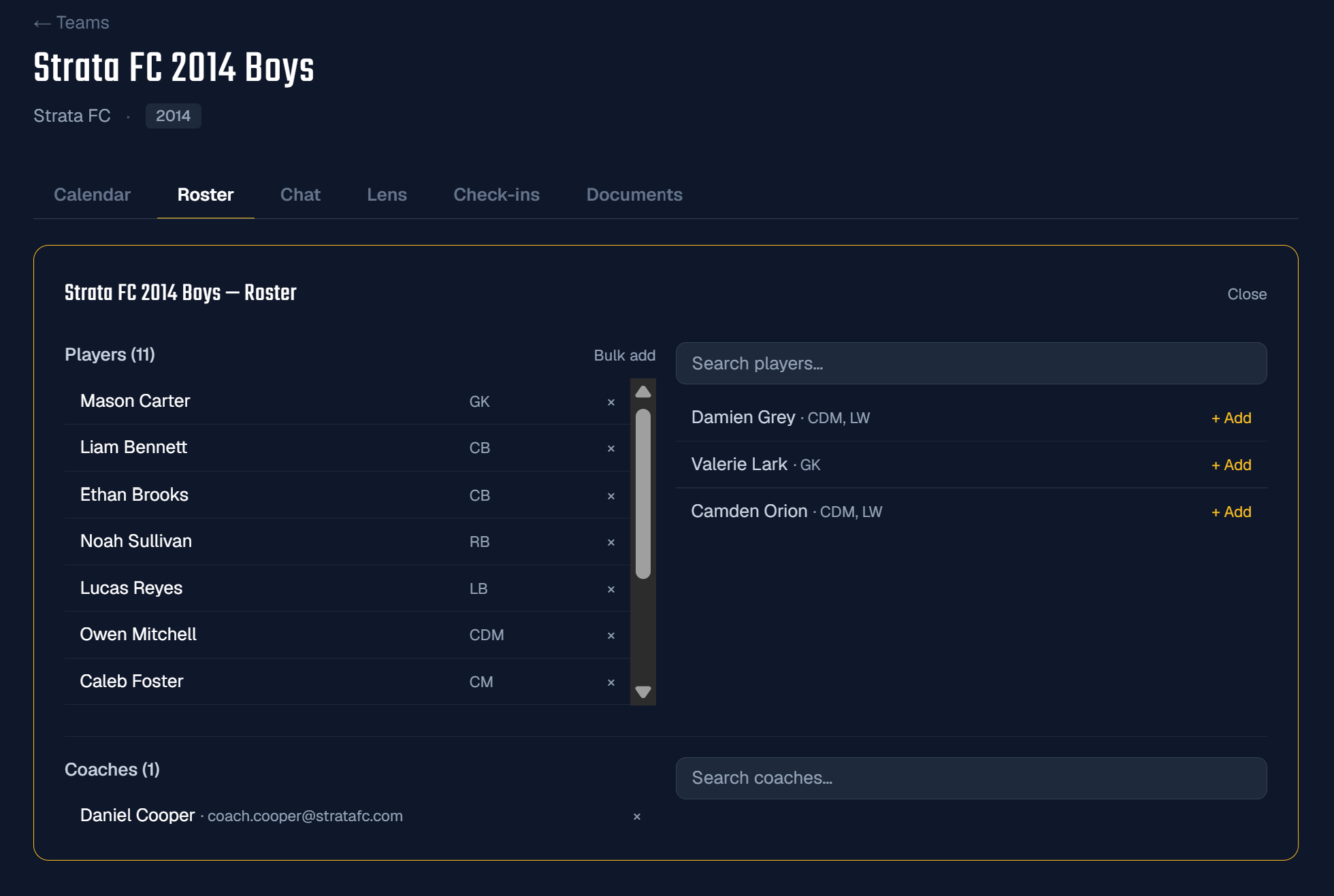 Roster & Team Management screen